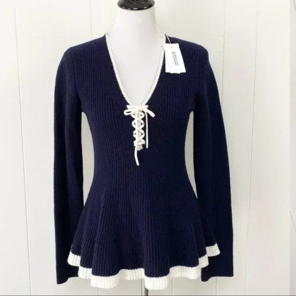 10 Crosby Derek Lam Sweaters - Vintage NWT Derek Lam 10 Crosby Wool Cashmere Navy White Lace Up Peplum Sweater